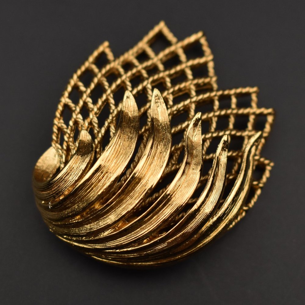Matt gold Monet brooch pin, large retro floral brooch, 60s vintage jewelry